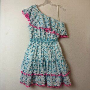 Lilly Pulitzer Addilyn 1 Shoulder Dress‎ sz XL  Blue Pink Tropical Swirl Eyelet